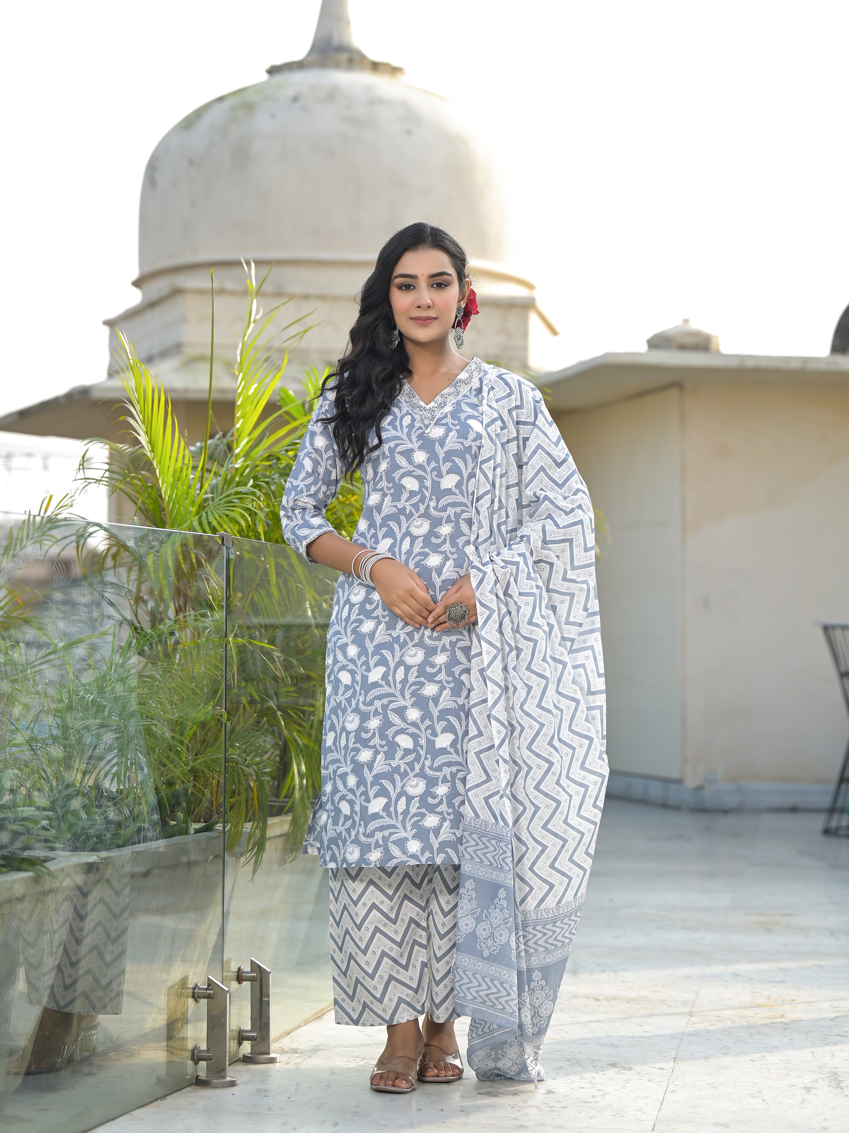 Women Rayon Grey & White Yoke Embroidery & Printed Kurta Pant with Dupatta Set