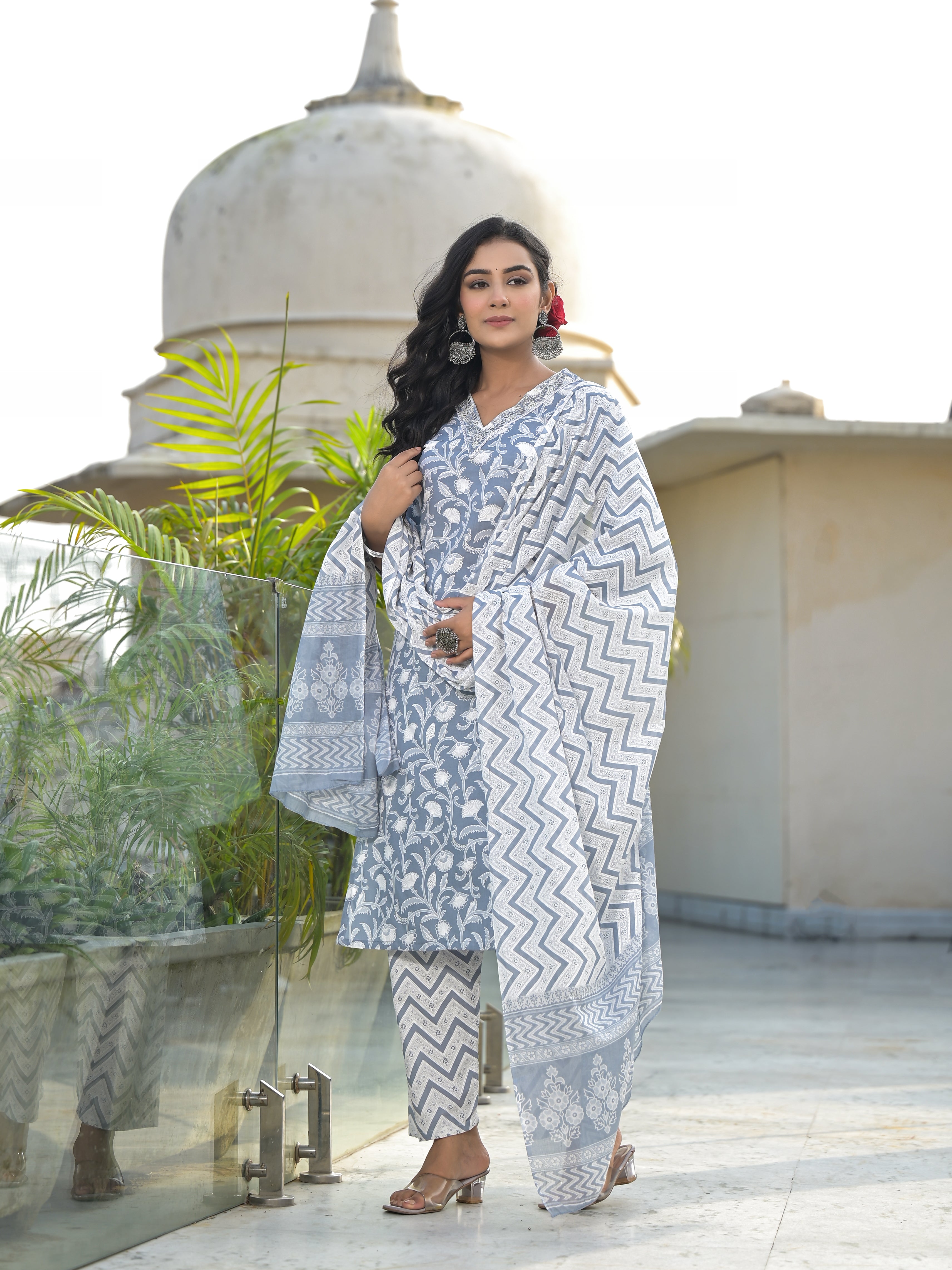 Women Rayon Grey & White Yoke Embroidery & Printed Kurta Pant with Dupatta Set