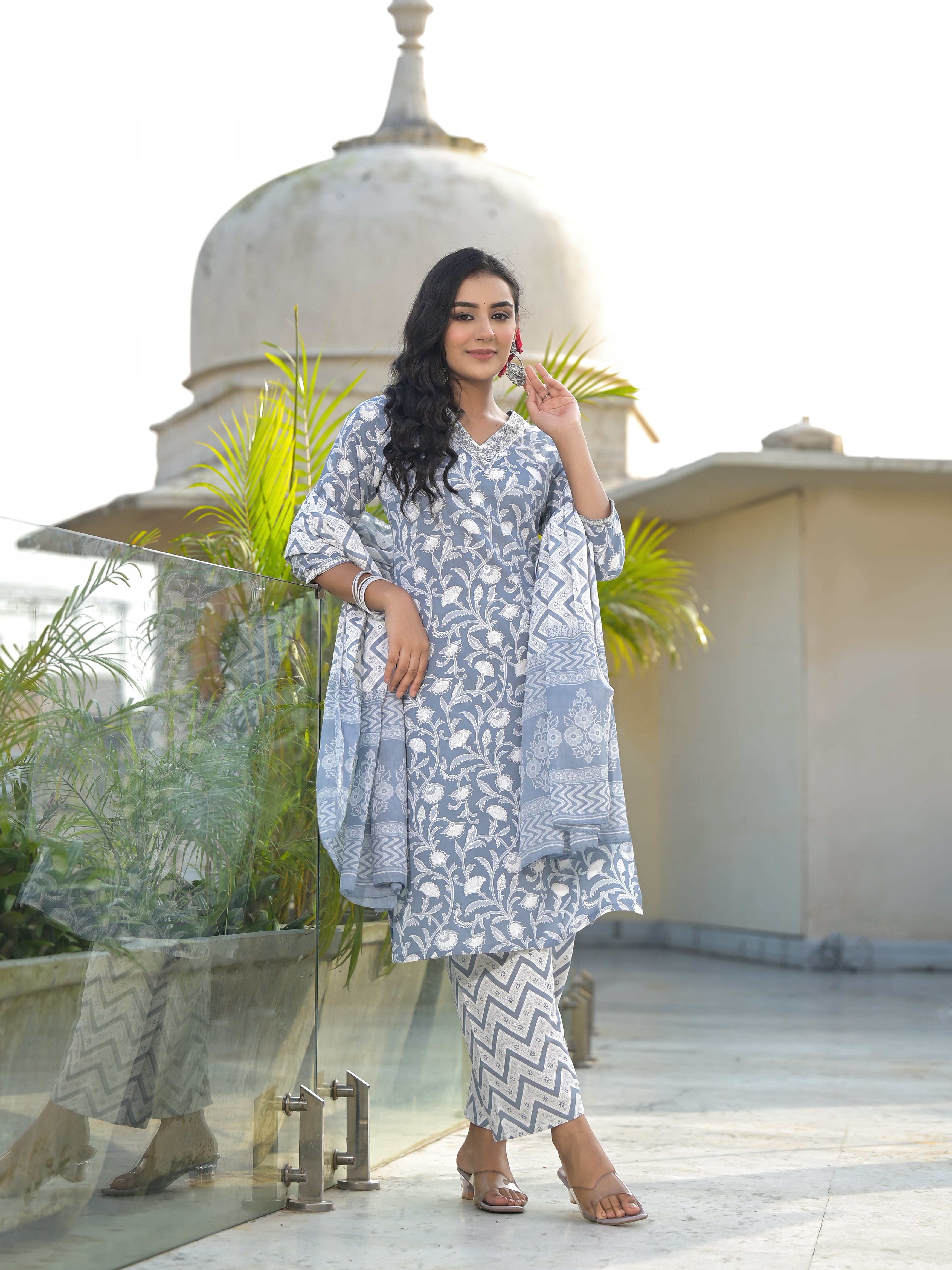 Women Rayon Grey & White Yoke Embroidery & Printed Kurta Pant with Dupatta Set