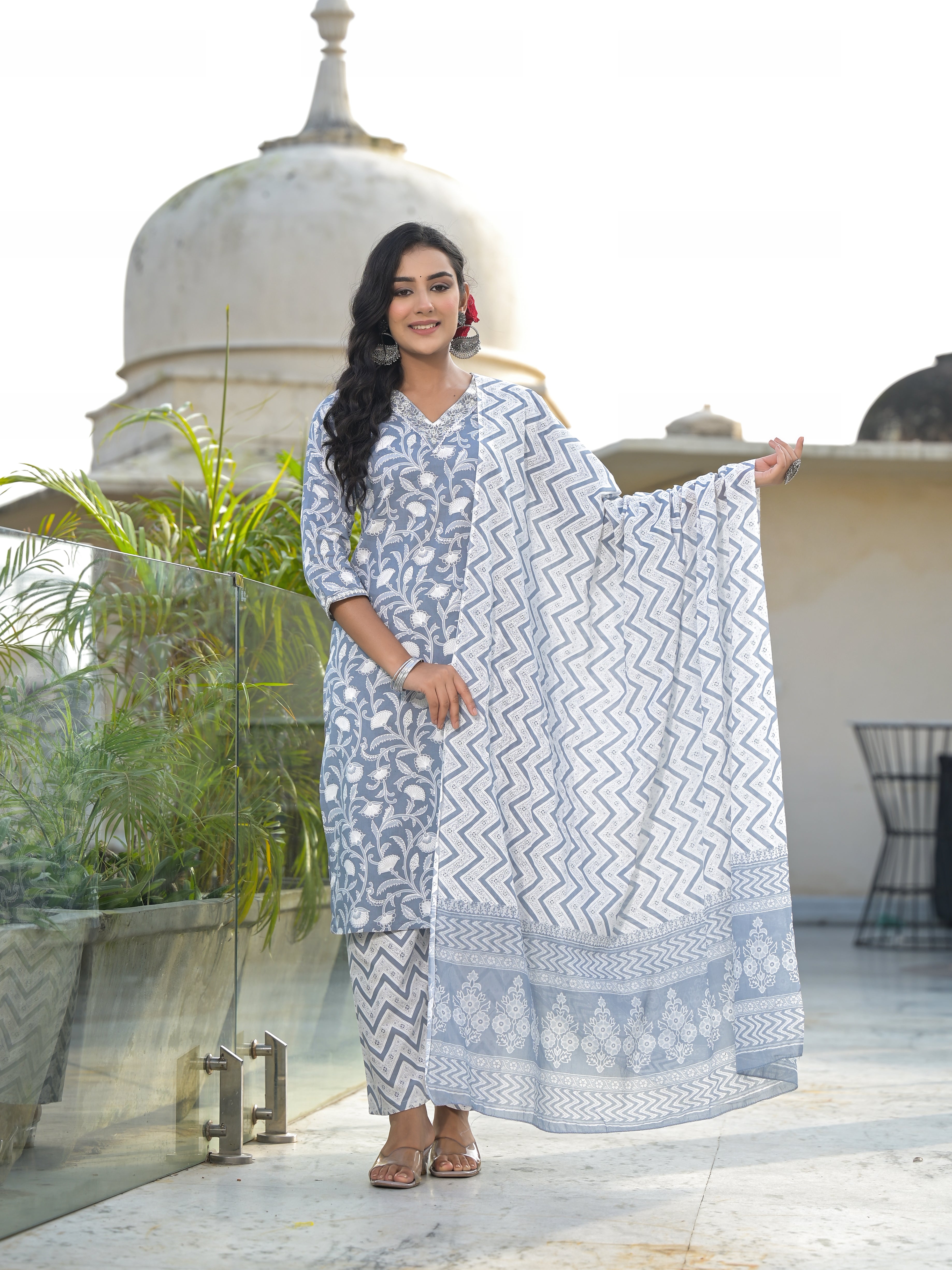 Women Rayon Grey & White Yoke Embroidery & Printed Kurta Pant with Dupatta Set