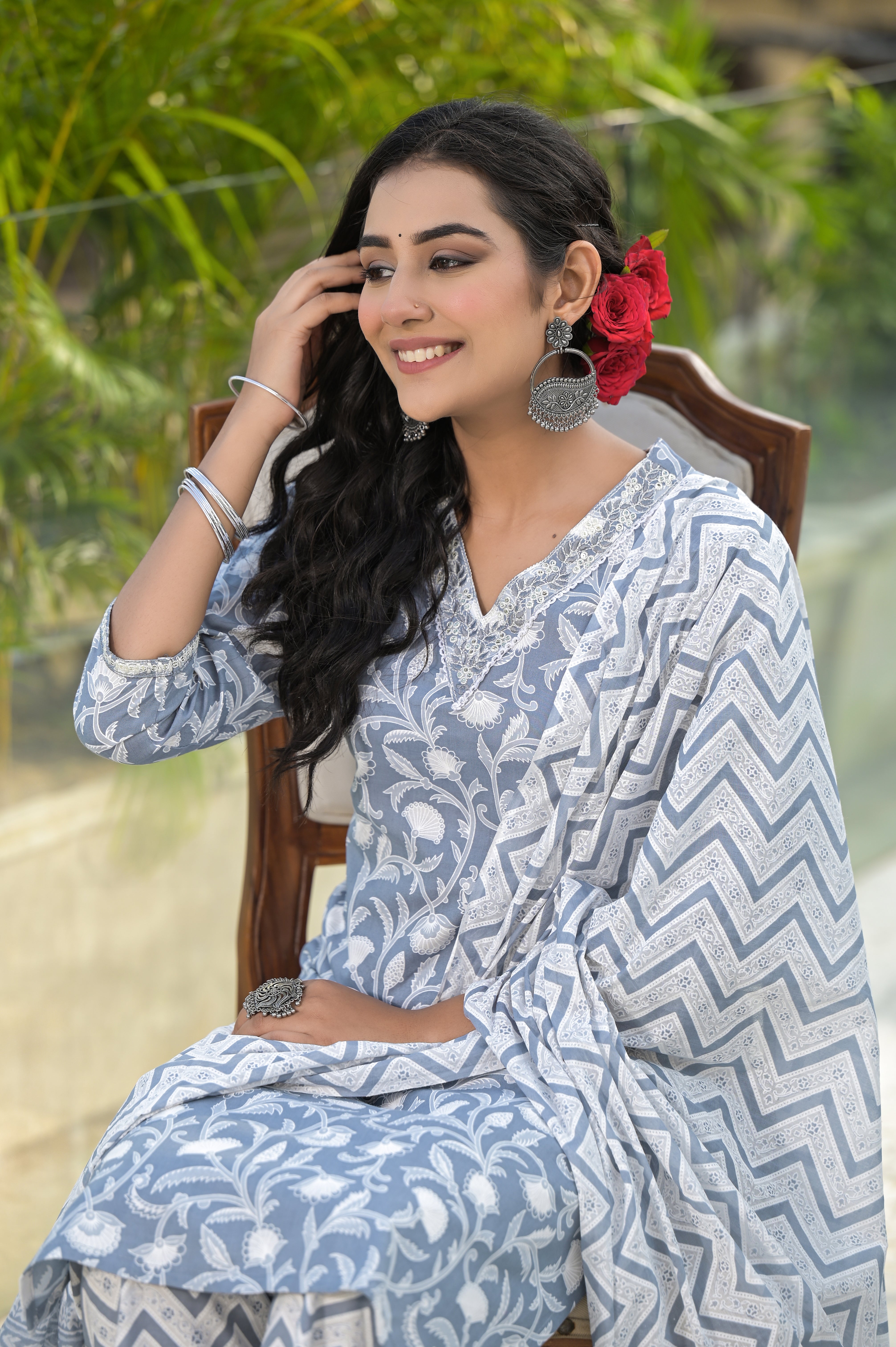 Women Rayon Grey & White Yoke Embroidery & Printed Kurta Pant with Dupatta Set