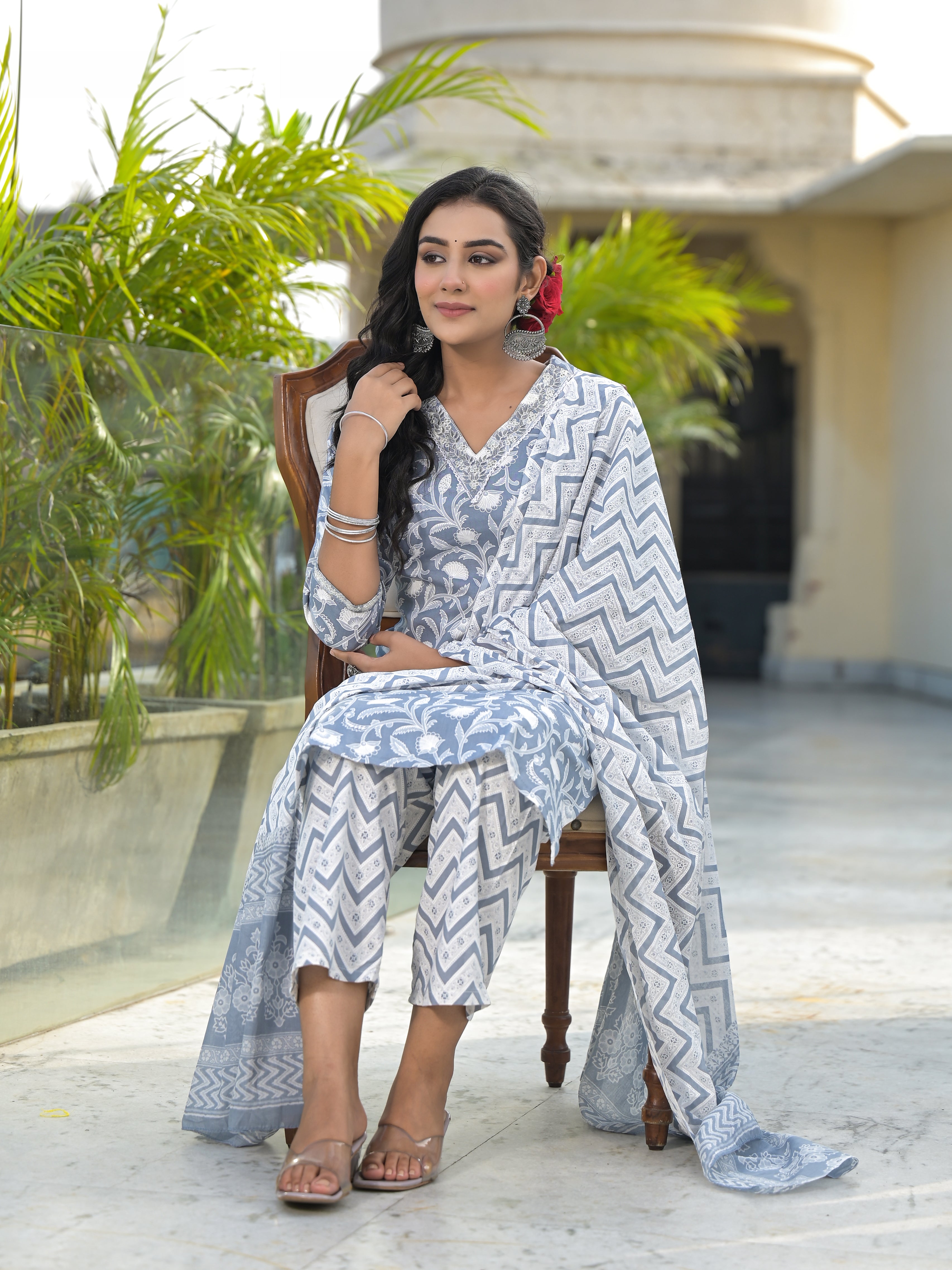 Women Rayon Grey & White Yoke Embroidery & Printed Kurta Pant with Dupatta Set